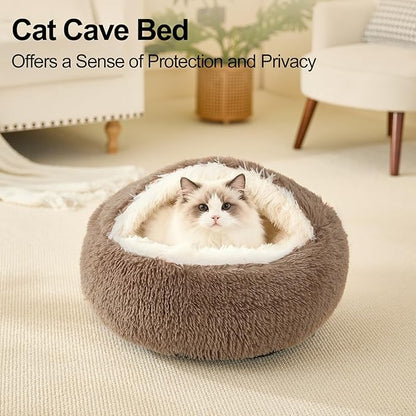 Calming Dog Beds & Cat Cave Bed with Hooded Cover,Removable Washable Round Beds for Small Medium Pets,Anti-Slip Faux Fur Fluffy Coved Bed for Improved Sleep,Fits up to 15/25 lbs(Khaki,S)