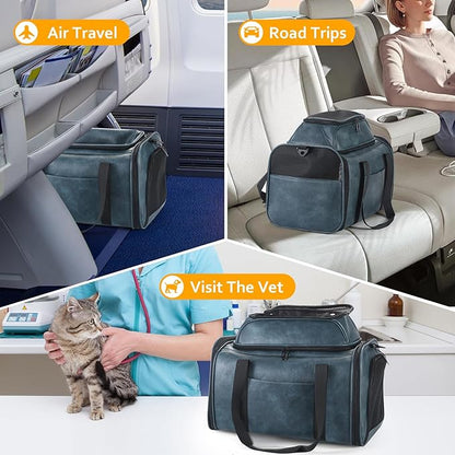 Premium Leather Top Expandable Pet Carrier for Small Dogs & Cats Under 15 lbs, Airline Approved Collapsible Soft-Sided Luxury Travel Bag Blue