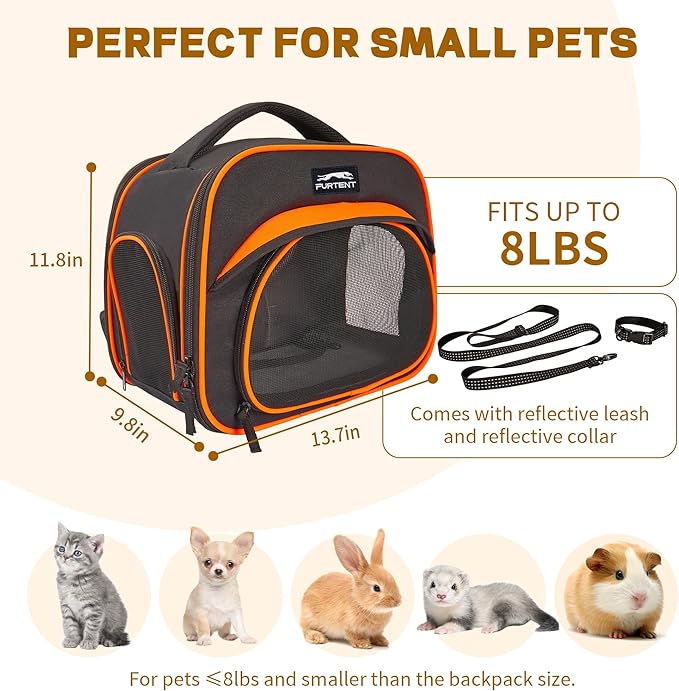 Cat Carrier Backpack, Breathable Collapsible Pet Bag with Safety Leash for Guinea, Kitten, Rabbit Weighing up to 8 Pounds Designed for Travel, Hiking, Walking and Outdoor Use, Black-Orange