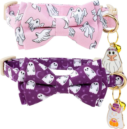 Faygarsle 2 Pack Halloween Ghost Pattern Cat Collar with Bow Tie and Bell, Breakaway Safety Buckle, Pink and Purple