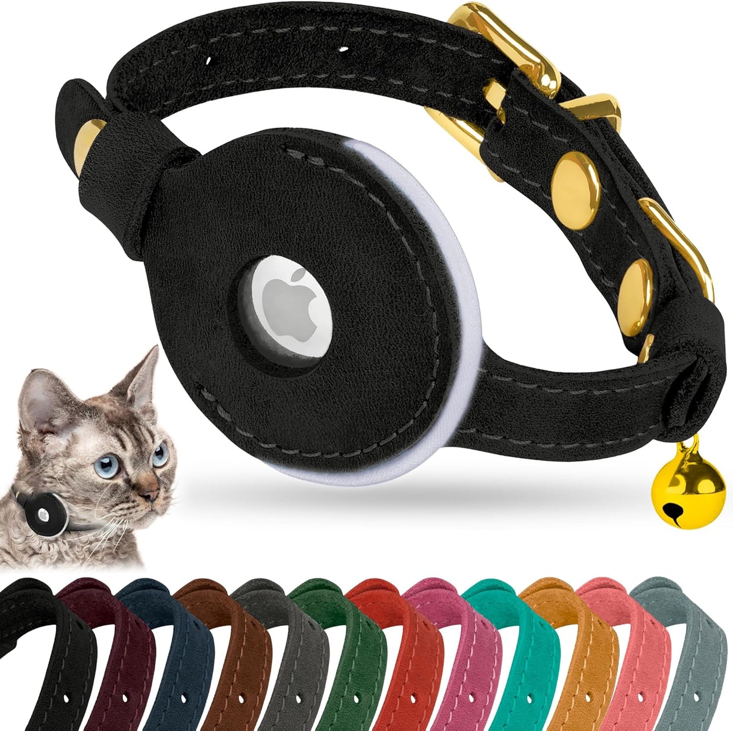 OOPSDOGGY Reflective Leather AirTag Cat Collar with Bell - Non Breakaway Adjustable Pet Collar with Apple Air Tag Holder - Lightweight GPS Kitten Collars for Small Dogs Puppy (Black)