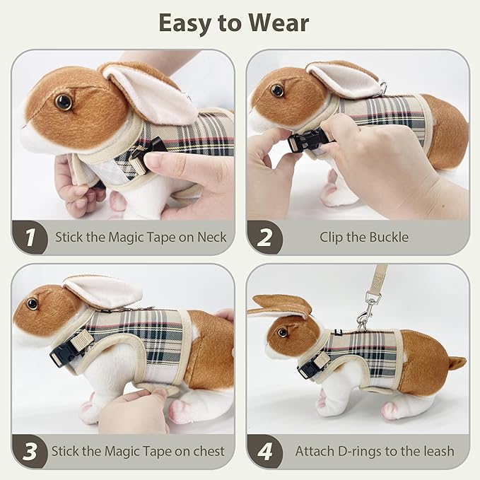 AIITLE Breathable Rabbit Harness and Leash Set - Plaid Pattern Padded Vest with Magic Tape Design, Dual D-Rings, Adjustable for Small Animal Pets, Indoor Outdoor Training Camping, Beige M
