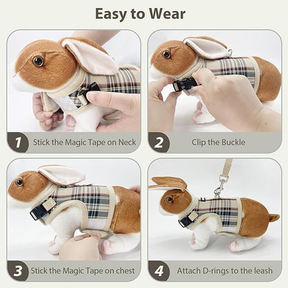 AIITLE Breathable Rabbit Harness and Leash Set - Plaid Pattern Padded Vest with Magic Tape Design, Dual D-Rings, Adjustable for Small Animal Pets, Indoor Outdoor Training Camping, Beige M