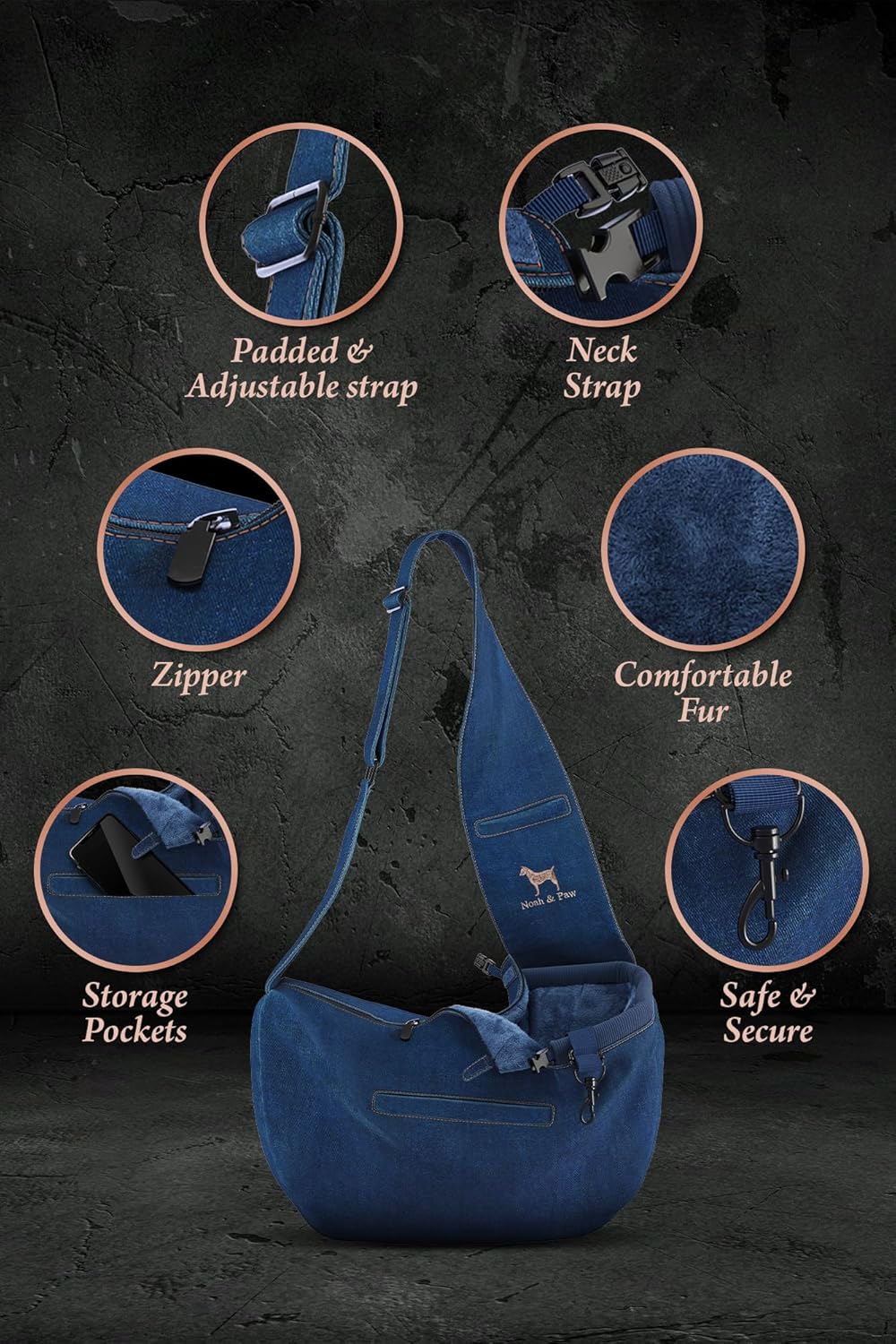 Noah & Paw Dog Sling Carrier for Small Dogs 5-18lb, Dog Sling for Small Dogs and Cats, Dog Carrier with Adjustable Padded Strap, Vegan Denim Lined with Fur, 3X Safety Features, Machine Washable