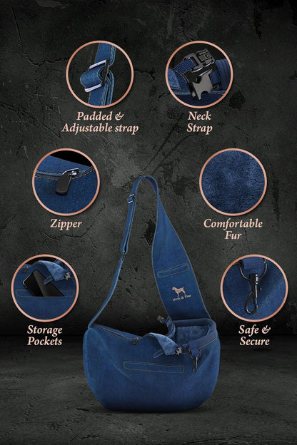 Noah & Paw Dog Sling Carrier for Small Dogs 5-18lb, Dog Sling for Small Dogs and Cats, Dog Carrier with Adjustable Padded Strap, Vegan Denim Lined with Fur, 3X Safety Features, Machine Washable