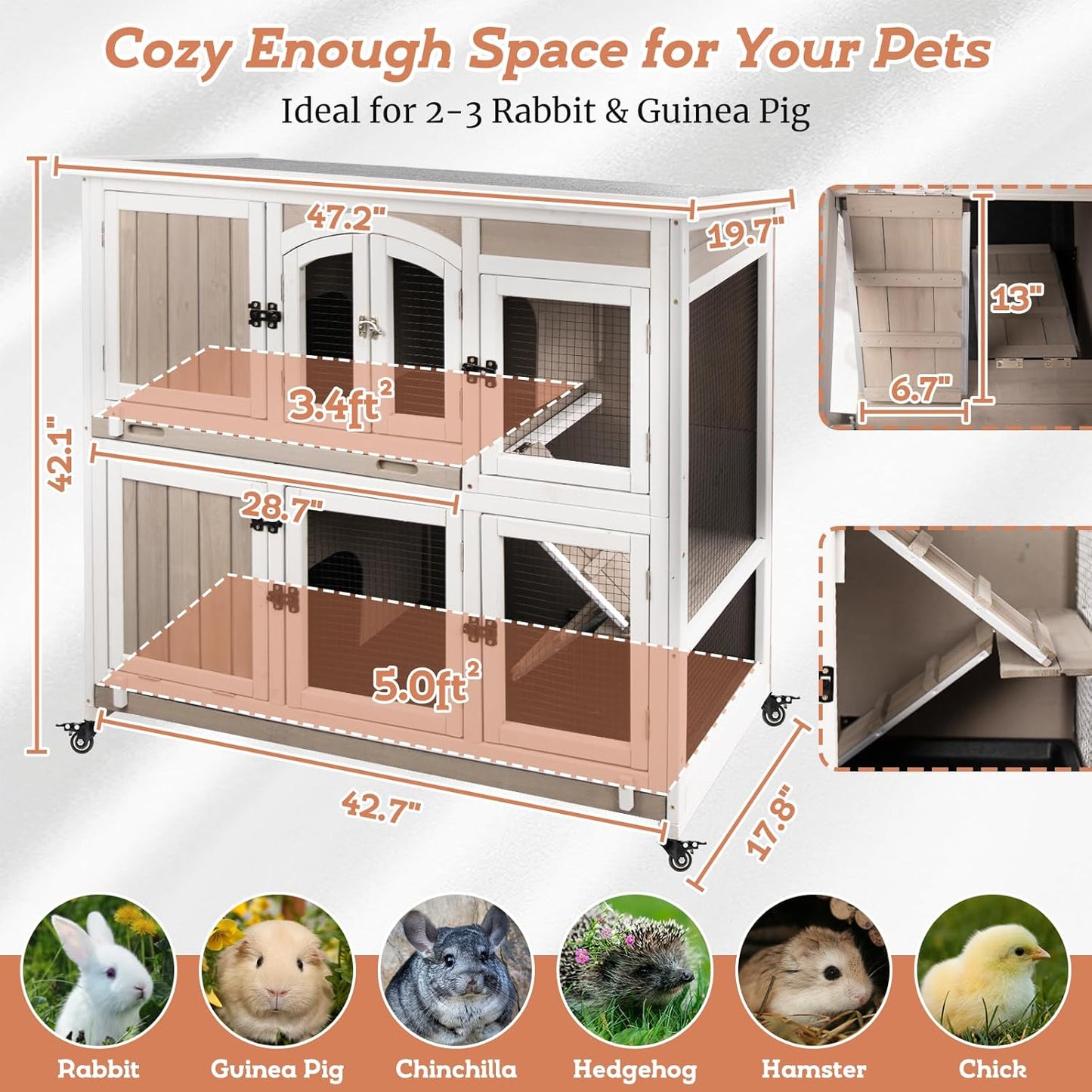2 Story Large Rabbit Hutch Indoor with 2 Deeper Pull-Out Trays, Wooden Rabbit Cage with 4 Lockable Wheels, Ramp, Chew-Anti Metal Strip for Rabbit, Guinea Pig, Hamster(47" L x 18" W x 42" H)