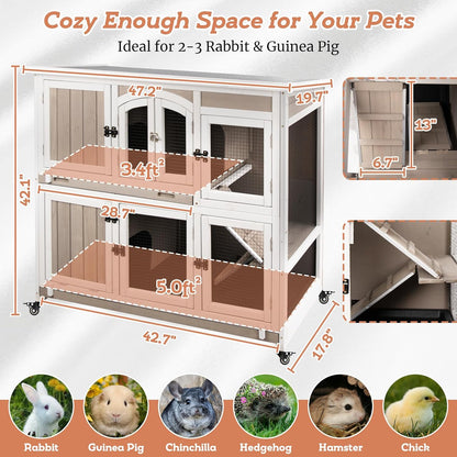 2 Story Large Rabbit Hutch Indoor with 2 Deeper Pull-Out Trays, Wooden Rabbit Cage with 4 Lockable Wheels, Ramp, Chew-Anti Metal Strip for Rabbit, Guinea Pig, Hamster(47" L x 18" W x 42" H)