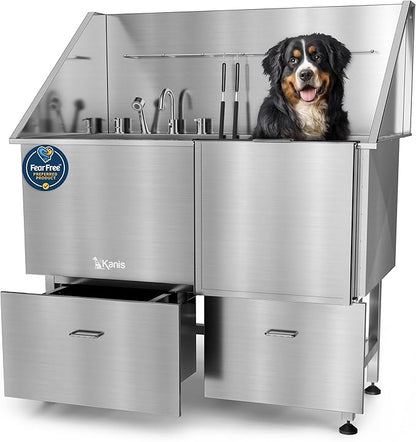 KANIS Professional Dog Washing Station - 304 Stainless Steel Pet Wash Sink & Grooming Bathtub w/Shower, Floor Grates and Storage for Large, Medium & Small Pets (50", 2 Drawers - Right Ramp)