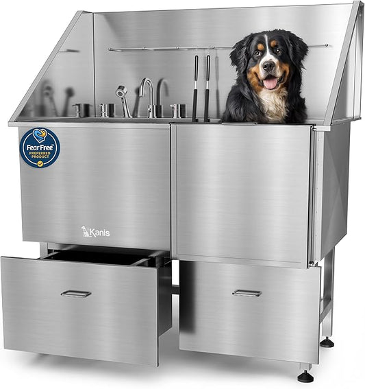 KANIS Professional Dog Washing Station - 304 Stainless Steel Pet Wash Sink & Grooming Bathtub w/Shower, Floor Grates and Storage for Large, Medium & Small Pets (50", 2 Drawers - Right Ramp)