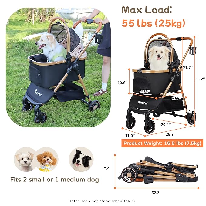 3-in-1 Pet Stroller for Small Dogs & Cats up to 33lbs, One-Touch Fold 4-Wheel Cart with Removable Carrier, Rear Brake & Storage Basket