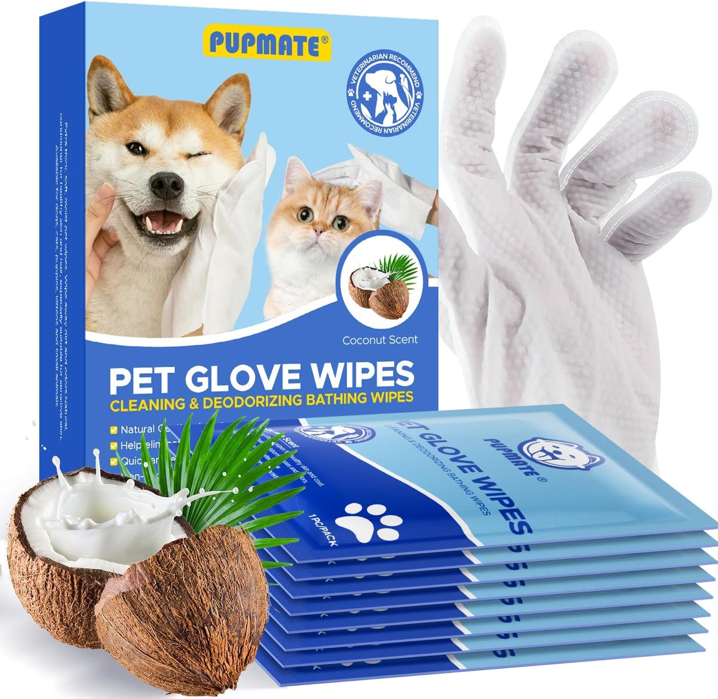 Pet Cleaning Glove Wipes for Dogs & Cats, Hypoallergenic Deodorizing Disposable No-Rinse Grooming Wipes, Wipes, Perfect for Pet Dry Cleaning, Daily Care and Travel, Coconut Scent, 8 pcs