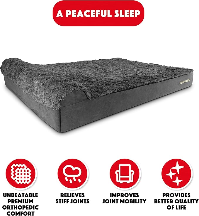 The Dog’s Bed Orthopedic Headrest Dog Bed XXXL Fur Grey, Memory Foam, Pain Relief for Arthritis, Hip & Elbow Dysplasia, Post Surgery, Lameness, Supportive, Waterproof Washable Cover