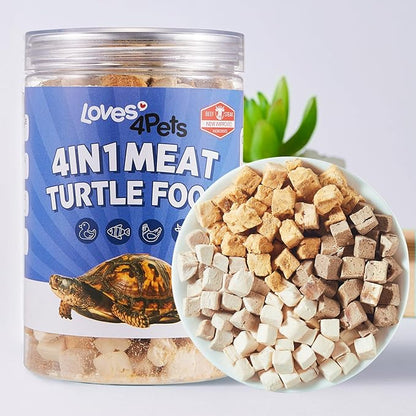 Freeze-Dried Turtle Food – 4 in 1 Chicken, Duck, Salmon, Beef – Treats for Aquatic, Box & Baby Species, Cats & Dogs – Real Human-Grade Meat