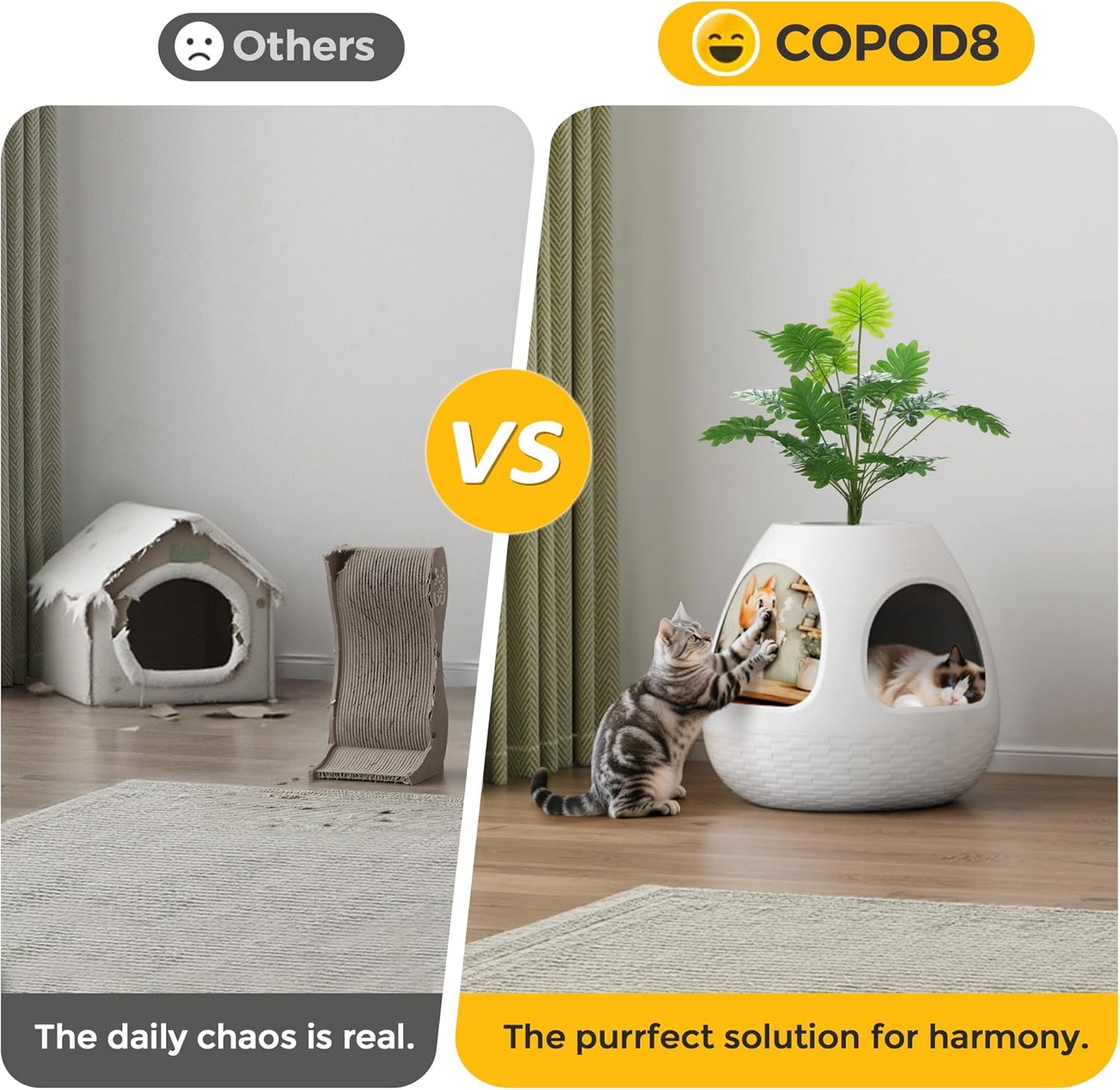 Copod8 Cat Cave, 3-in-1 Kitty House Condo with Plant, Cat Cushioned Bed, Cat Scratchers, Modern Cat Pet Furniture for Indoor, Kitty Hiding Spot (White, M)