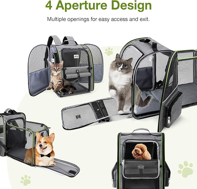 Lekebobor Large Cat Backpack Carrier Expandable Pet Carrier Backpack for Small Dogs Medium Cats Fit Up to 18 Lbs,Dogs Foldable Puppy Backpack Carrier for Travel, Hiking,Grey with Green Edge,L