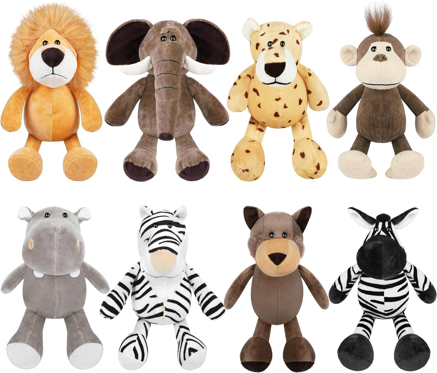 Elcoho 8 Pieces Safari Stuffed Animals Plush Jungle Animal Toys 9.8 Inch Zoo Stuffed Animals Set Cute Plush Toys for Animal Themed Parties Teacher Student Award, 8 Styles
