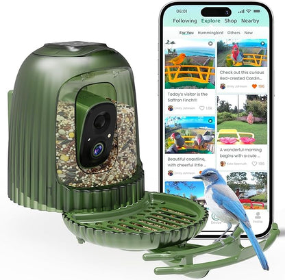 HIXX Smart Bird Feeder with Camera, AI Bird Identifier & 4MP Color Night Vision, Exclusive Vertical View Mode, Squirrel-Deterrent Design, Solar Light for Nature Lovers (Color Light)