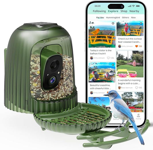HIXX Smart Bird Feeder with Camera, AI Bird Identifier & 4MP Color Night Vision, Exclusive Vertical View Mode, Squirrel-Deterrent Design, Solar Light for Nature Lovers (Color Light)