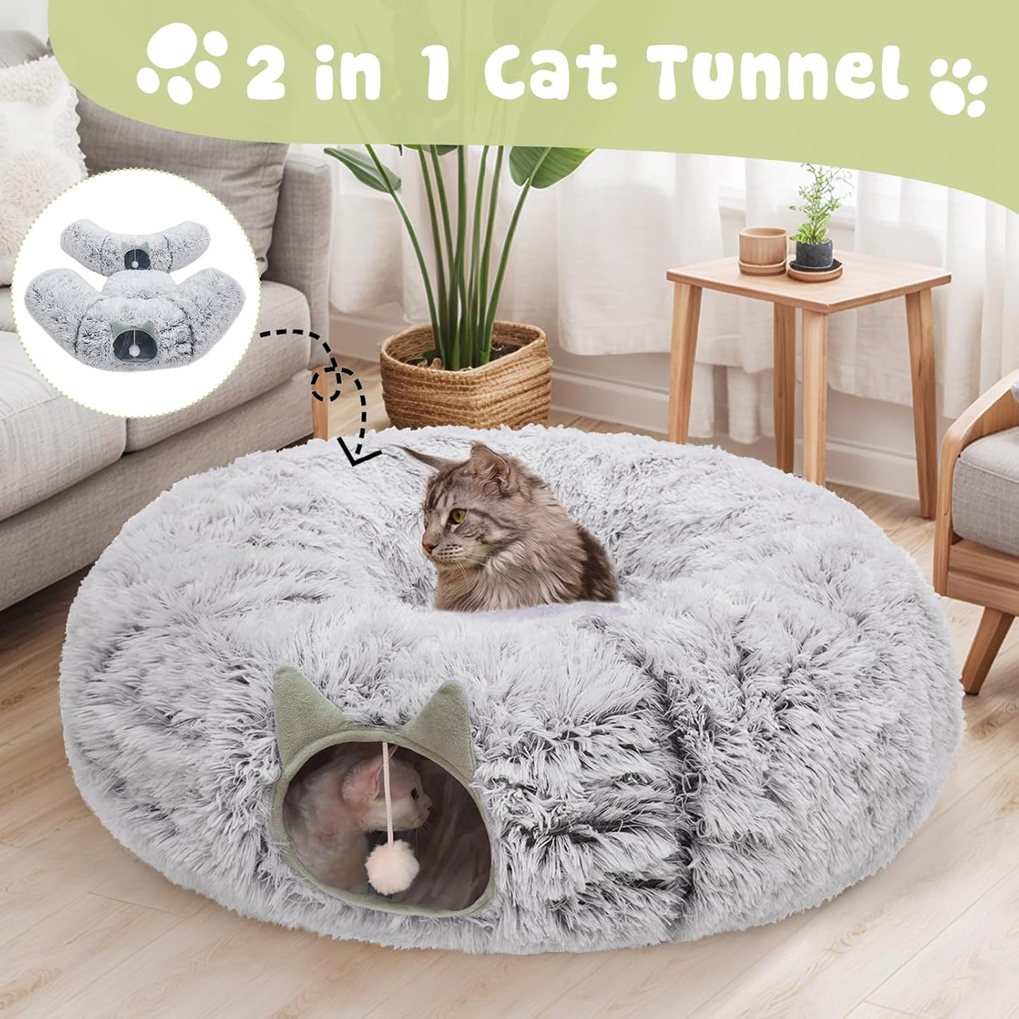 Cat Tunnel Bed for Indoor Cats, Soft Plush Donut Peekaboo Cat Cave, Multifunctional Playground Toy for Small Medium Large Cats, Kittens, Rabbits, Ferrets, with Washable Cushion(Grey)