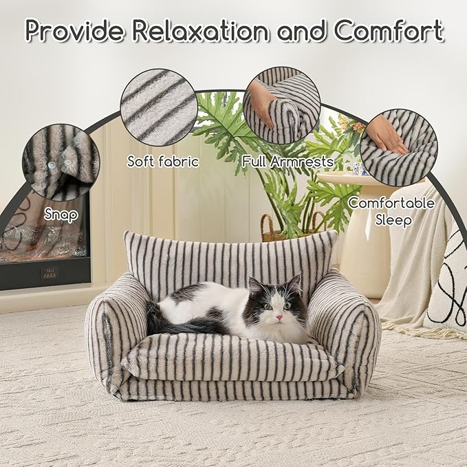 Hollypet Cat Bed Fluffy Plush Mutifuctional Double-Layer Soft Pet Couch Orthopedic Sofa Nest Beds for Small Cats and Dogs, Dark Gray Stripes (25x20x13 inch)