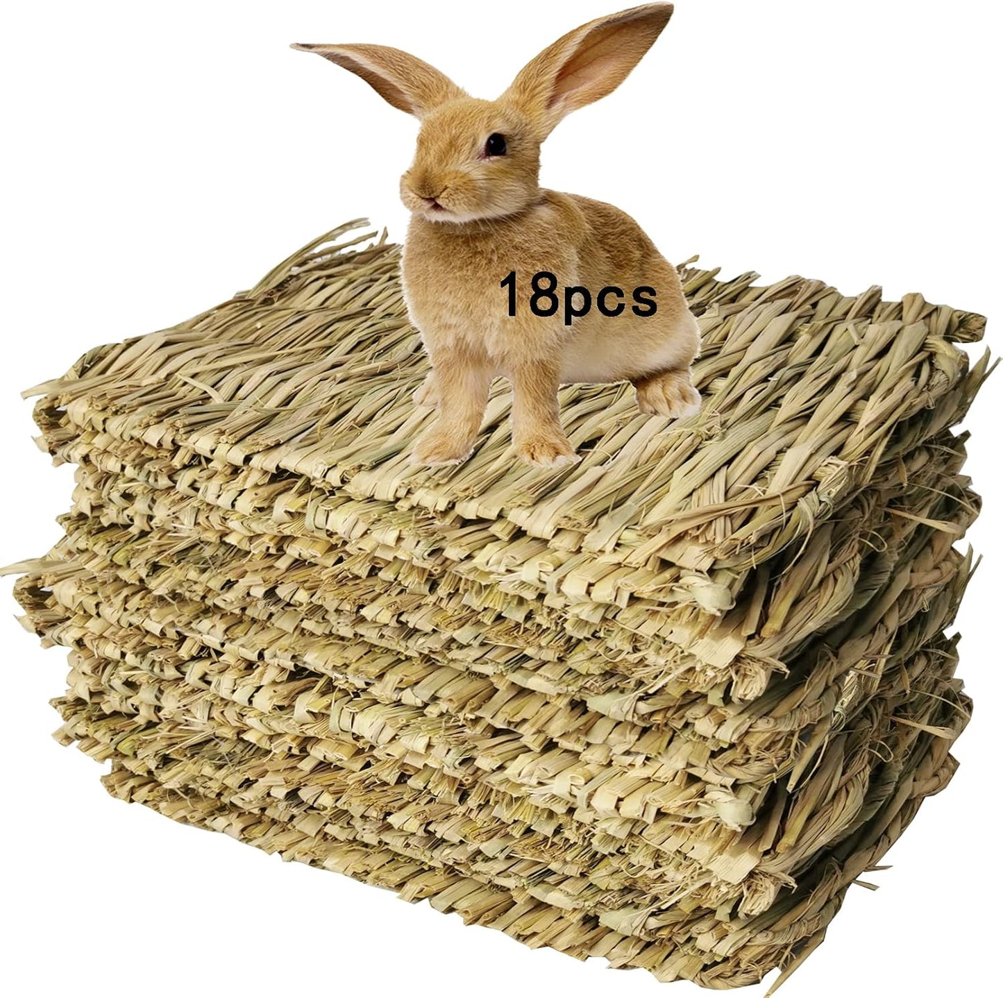 Hamiledyi 18 Pack Bunny Grass Woven Bed Mat Natural Straw Hay Mats Rabbit Handmade Bedding Sleeping Grinding Nesting and Chewing Toy for Guinea Pig Hamster Chinchilla Squirrel Hedgehog
