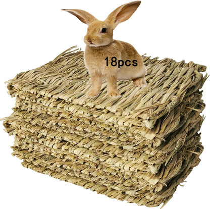 Hamiledyi 18 Pack Bunny Grass Woven Bed Mat Natural Straw Hay Mats Rabbit Handmade Bedding Sleeping Grinding Nesting and Chewing Toy for Guinea Pig Hamster Chinchilla Squirrel Hedgehog