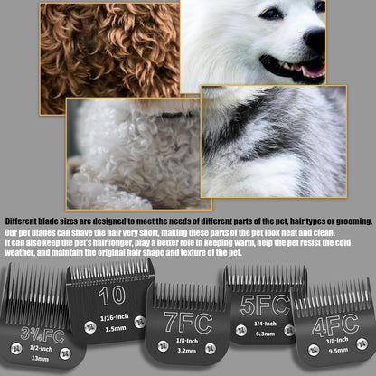5 Pack Detachable Dog Grooming Steel Blades with Blade case Holder,Compatible with Andis,Oster A5,Wahl KM-10 Series,Cutting Length 1/16" to 1/2"(10+7FC+5FC+4FC+3-3/4FC-black)