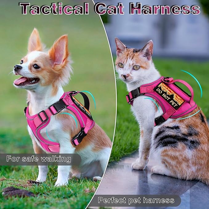 Tactical Cat Harness for Walking, Adjustable Escape Proof Pet Vest for Large Cat,Easy Control Breathable Cat Vest with Handle，Molle Patches (Pink+Leash, L)