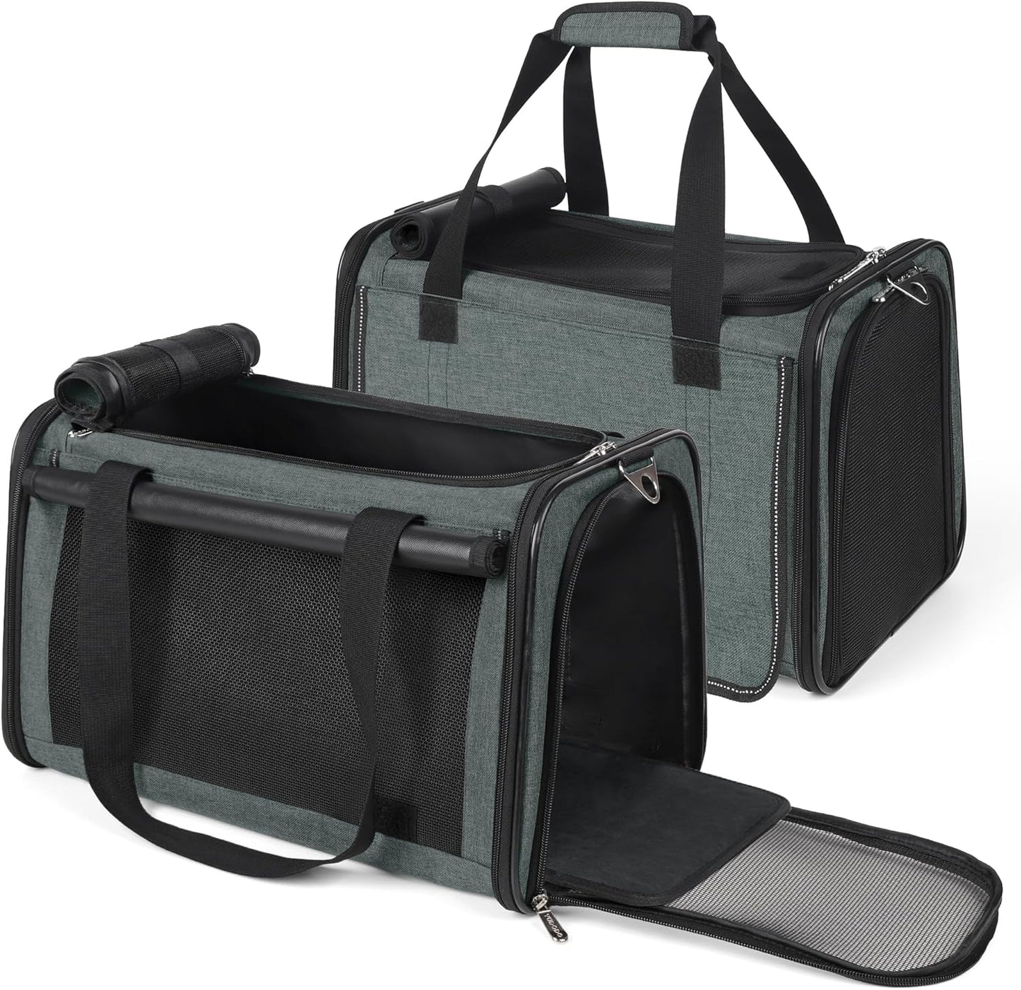YUDODO 2 Packs 25 lbs Lightproof Soft Sided Pet Carrier for Large Cat & Small Dog Airline Approved Travel Bag Puppy Carriers with Side Pockets & Reflective Mesh, Foldable Portable for Car 2 Grey Green
