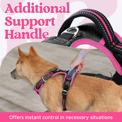rabbitgoo Dog Harness for Large Dogs, No Pull Pet Vest with 3 Buckles, Adjustable Soft Padded Pet Harness with Easy Control Handle and Reflective Strips, Black & Rose Pink, L
