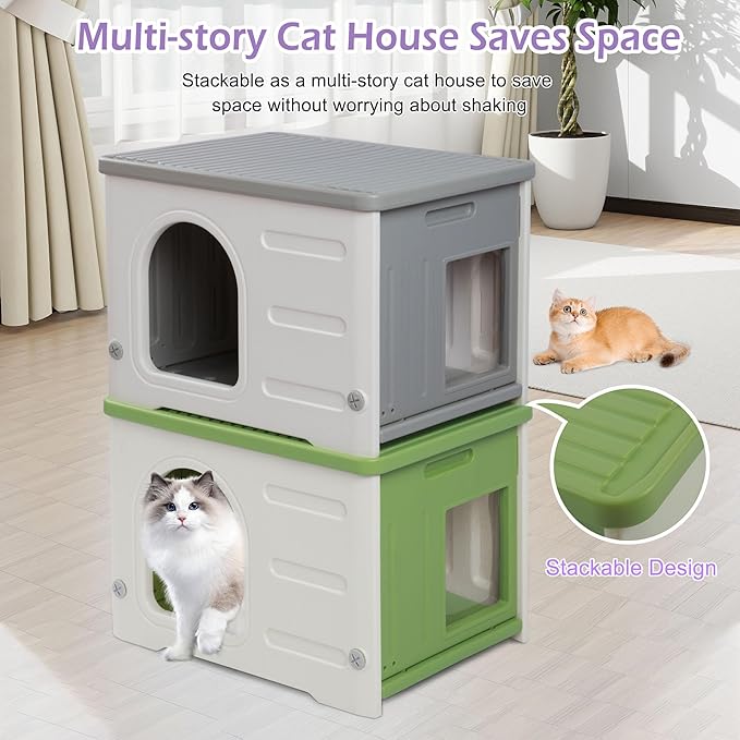 Waterproof Cat House for Outdoor Cats, Plastic Feral Cat House with Escape Door and Soft Mat, Large Indoor Cat House for Mutiple Cats - Green