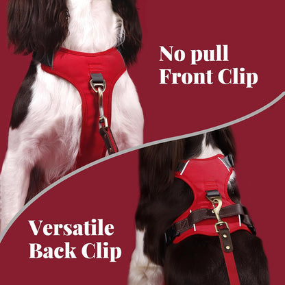 No Pull Dog Harness Medium Sized Dog,Stylish PU Leather Vest with Easy Control Handle,No Choke Front Clip with 2 Metal Leash Clips,Reflective & Adjustable for Walking,Red,Chest 27-33"