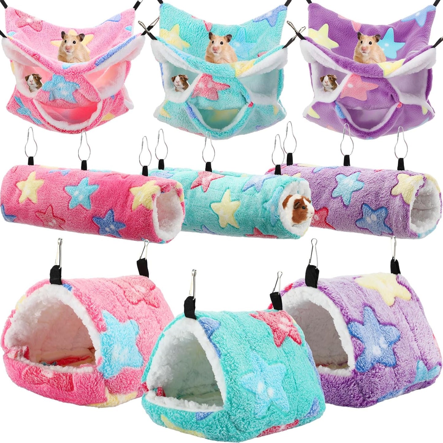 Abbylike 9 Pieces Rat Hammock 3 Tier Guinea Pig Ferret Hammocks Small Pet Hanging Tunnel Glider Toy Guinea Pig Ferret Hideout Bed Cage Accessories for Hamster(Green, Purple, Pink,Star)