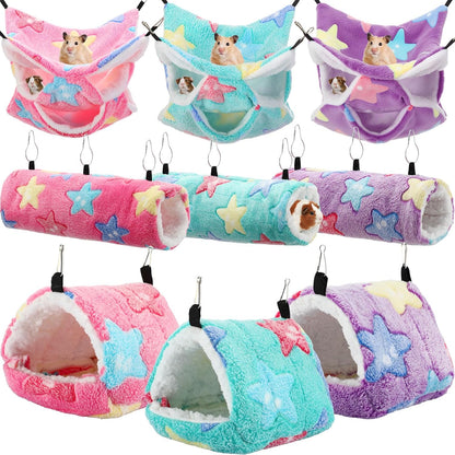 Abbylike 9 Pieces Rat Hammock 3 Tier Guinea Pig Ferret Hammocks Small Pet Hanging Tunnel Glider Toy Guinea Pig Ferret Hideout Bed Cage Accessories for Hamster(Green, Purple, Pink,Star)