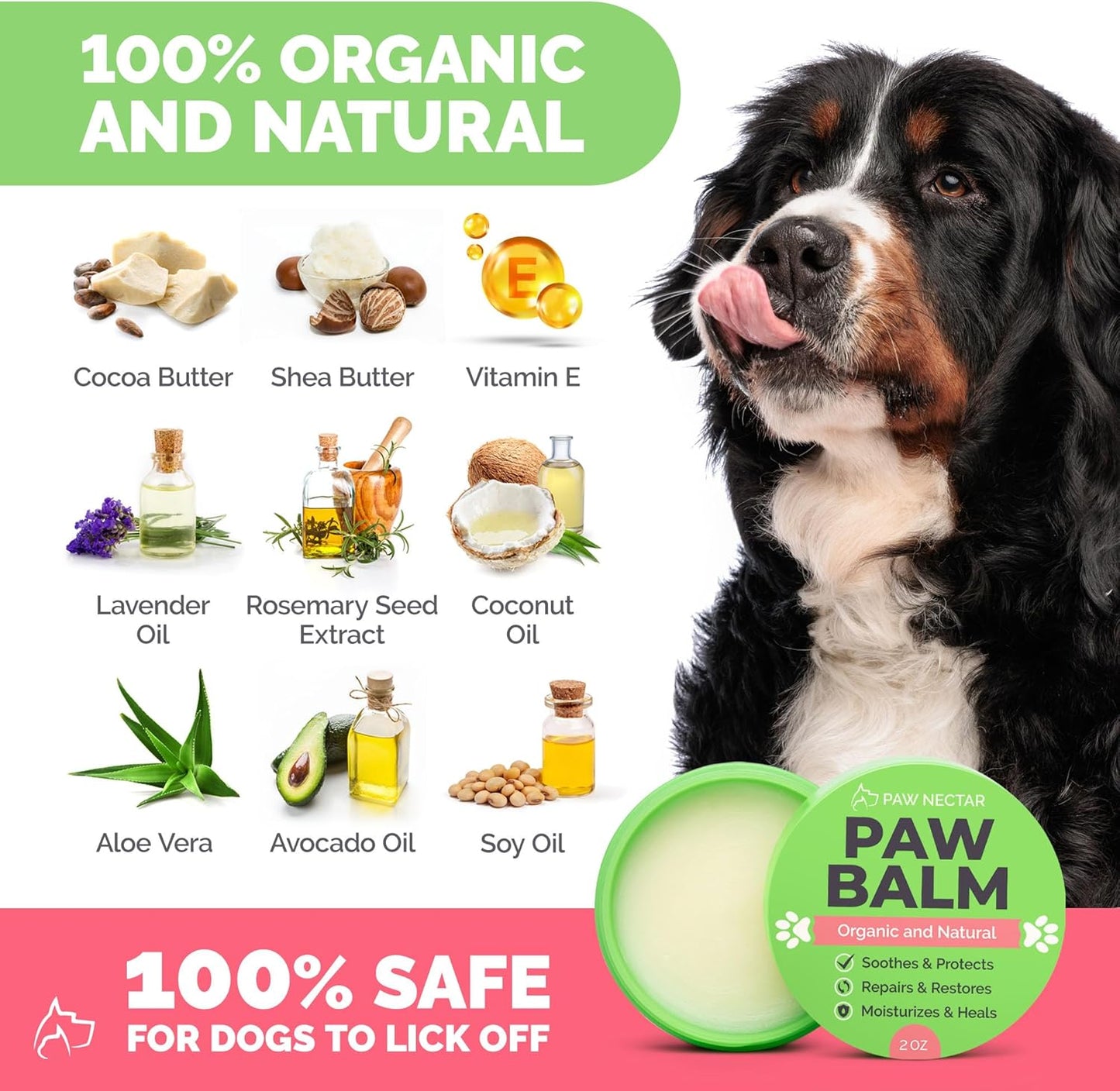 Natural Lick Safe Dog Paw Balm - 100% Organic Dog Paw Pad Balm Protector, Moisturizer & Soother for Dry Cracked Paws, Hot Pavement, Winter - Heals, Repairs & Restores - Coconut Oil, Shea Butter (2oz)