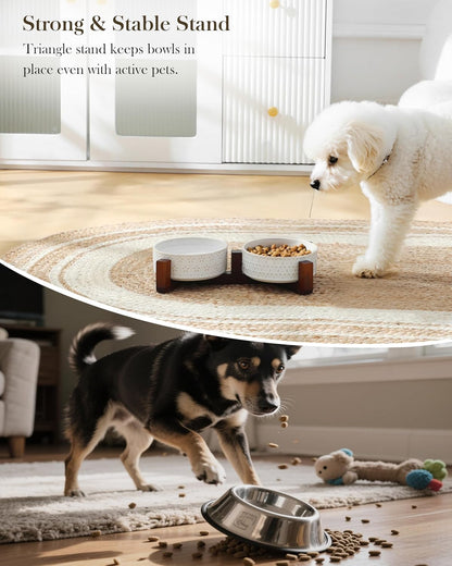 MALACASA Dog Bowl Set with Walnut Wood Stand, 1.5 Cups Ceramic Pet Bowls for Puppy Dogs, Dual Food and Water Bowls with Non-Slip Base, Basic Bowls for Your Dog or Cat, Five-Leaf Grass & Honeycomb