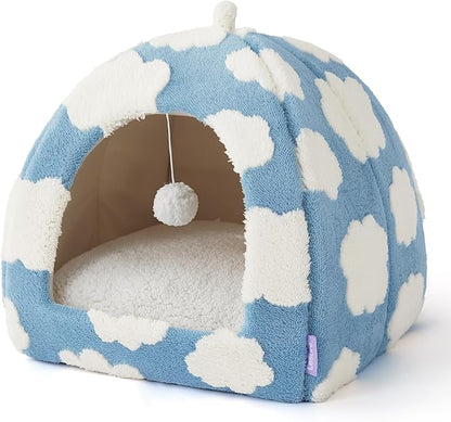 Lesure Cute Cat Beds for Indoor Cats - 2 in 1 Large Cat Cave Bed for Puppy and Small Dog with Removable Washable Cushioned Pillow, Cozy Kitten Tent with Non-Slip Bottom, Blue, 17.3 inches