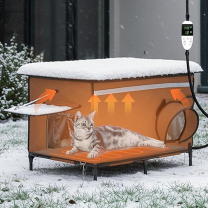 Heated Outdoor cat House for Outside, Weatherproof Insulated Feral Cat Shelter with Timer-Temp Control Heating Pad in Winter, Large Elevated Outdoor Cat House with Zipper, 2 Doors, Safety- Brown