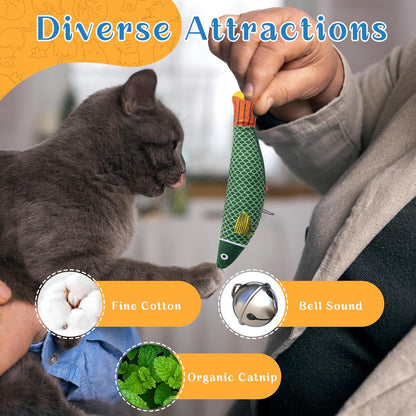 Soft Catnip Toys Fish, 3 Pack Bell Sound Cat Toys, Interesting Indoor Cat Kicker Toys, Durable and Highly Interactive Catnip Toys (Saury Fish)