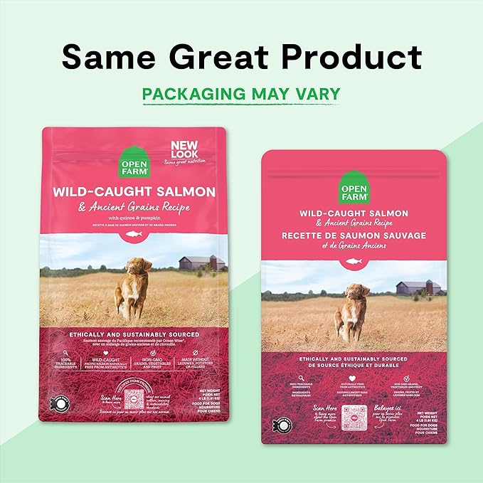 Open Farm, Ancient Grains Dry Dog Food, Protein-Rich & Nutrient Dense, 90% Animal Protein Mixed with Non-GMO Fruits, Veggies and Superfoods, Wild Caught Salmon Recipe, 11lb Bag
