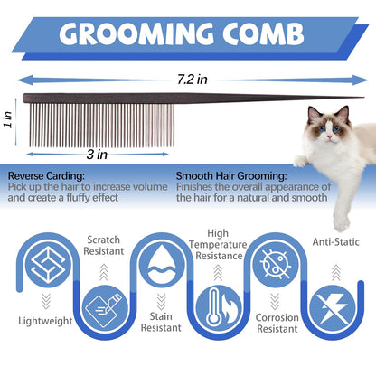 Grooming Pet Comb Rat Tail Dematting Cat and Dog Comb，Rounded Ends Design for Safe Tangle Removal, Hairstyling, Massage，Loose Hair Removal，Prevent Irritation，Fluffing Paws,Face,Tail,Remove Tear Stain