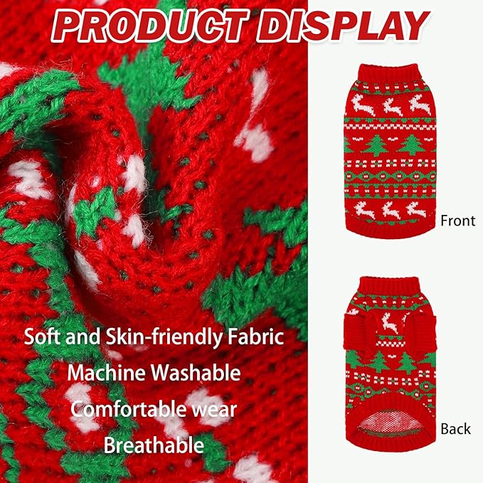 KOOLTAIL Cat Sweater Turtleneck- Soft Knit Cat Christmas Sweaters for Cats Only, Elk Christmas Tree Pattern Thick Warm Cold Weather Pet Clothes Outfit for Small Medium Large Size Kitten Puppy Red S
