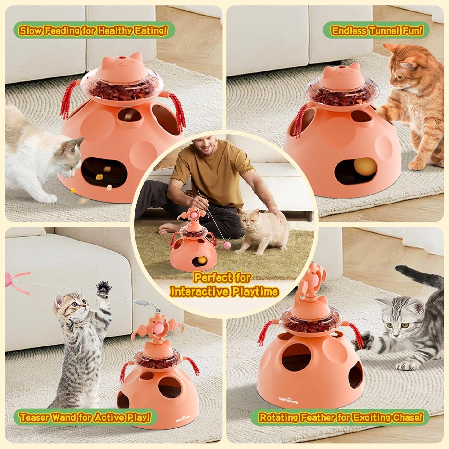 4-in-1 Cat Toys, Interactive Cat Toy with Track Balls, Fluttering Feathers, Slow Food Dispenser, Fun & Engaging Toys for Bored Indoor Cats, Durable & Safe Interactive (Pink)