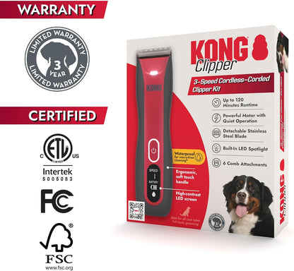 KONG 3-Speed Cordless-Corded Dog Clipper Kit – Stainless Steel Blade, Waterproof, LED Spotlight, Use-While-Charging, 6 Guide Combs, Ergonomic Handle – Red/Gray, All Coat Types