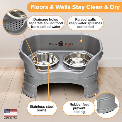 Neater Feeder Deluxe Mess Proof Cat Bowls Elevated for All Breeds – Made in USA – No Spill Raised Cat Bowls for Indoor Cats w/Leg Extensions – Stainless Steel Cat Food and Water Bowl Set - Grey