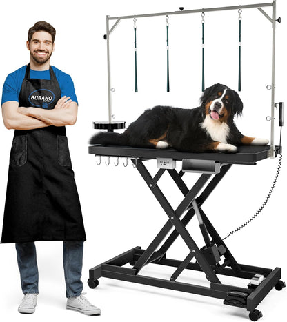 Professional Super Low-Step Electric Dog Grooming Table 49.2", Heavy Duty, Anti-Slip Tabletop, Height Adjustable Dog Table with Lockable Casters, Stainless Grooming Overhead Arm, Dog Grooming Station