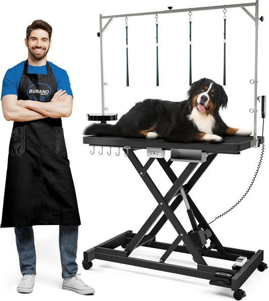 Professional Super Low-Step Electric Dog Grooming Table 49.2", Heavy Duty, Anti-Slip Tabletop, Height Adjustable Dog Table with Lockable Casters, Stainless Grooming Overhead Arm, Dog Grooming Station