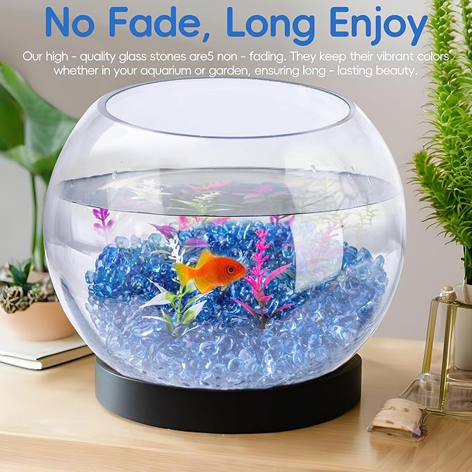 Meschett Colorful Glass Stones, 1 LB Fish Tank Gravel, Small Irregular Rainbow Aquarium Gravel for Aquarium Decorations and Turtle Tank, Sea Glass Beads Crystals for Fish Bowl, Vase Filler,Light Blue