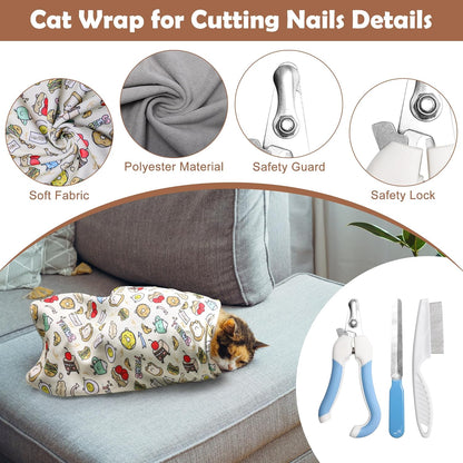 21.6 Inches Cat Wrap for Cutting Nails, Self-Adhesive Restraint Cloth for Cats Multifunctional Cat Grooming Wrap with Pet Nail Clipper, File and Pet Hairbrush
