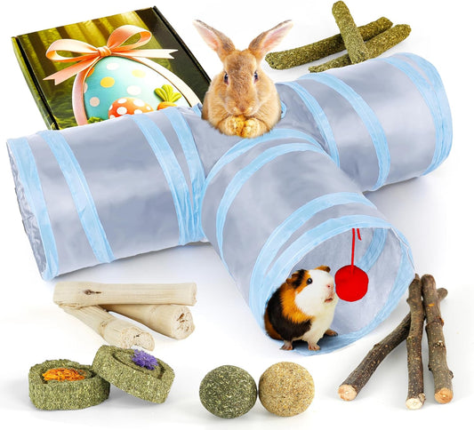 Bunny Tunnels & Tubes Collapsible 3 Way Rabbit Hideout with 13pcs Toys for Bunny Guinea Pig Hamster Chinchilla Hedgehog Rat Ferret Kitten (GY&BU)